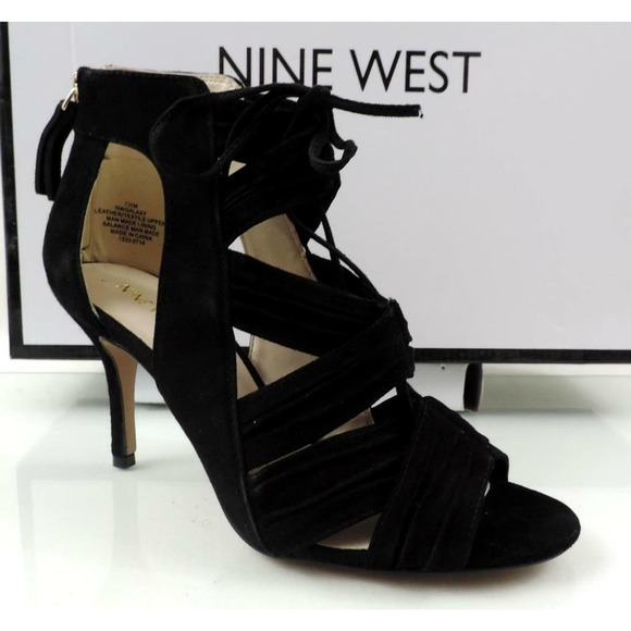 Nine West GALAXY Peep-Toe Lace-up Mid Heel Sandals Back Zip Suede Black Size 7.5 - Picture 3 of 8